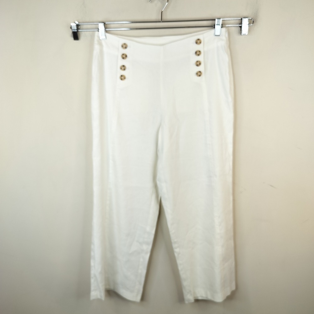 J. Jill Stretch Linen Pants 8 Sailor Button Cropped Wide Leg Nautical White
